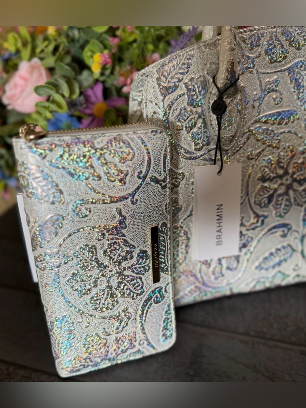 Brahmin Rosetta Chrome Estonia with SURI Wallet SET NWT ONE OF a KIND REFLECTIVE - Picture 9 of 16